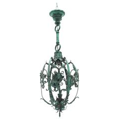 1920's Bronze Floral Lantern With Patinated Finish