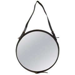 Authentic Mid Century Jacques Adnet Leather Round Wall Mirror Black 1950
