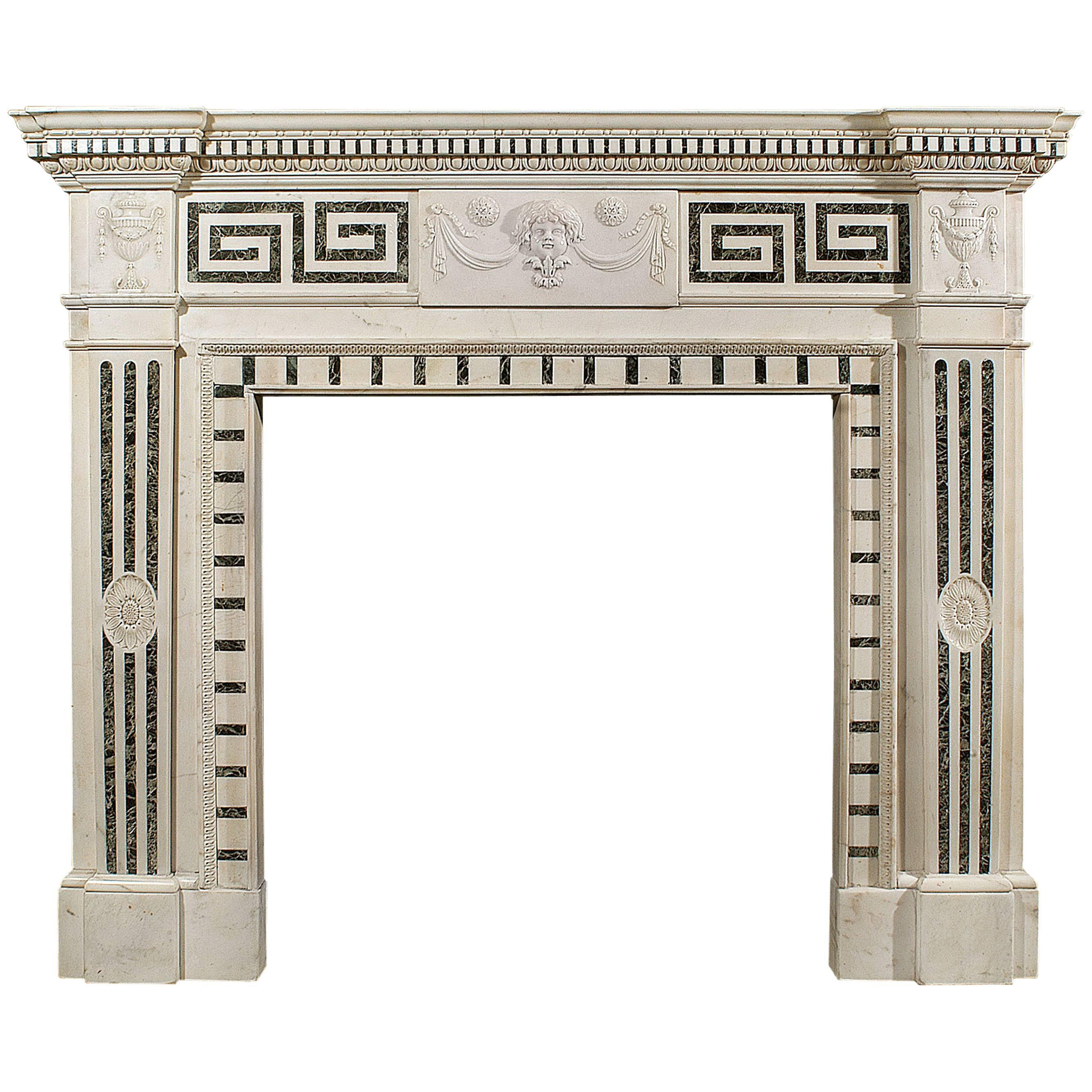 19th Century English Statuary and Inlaid Tinos Marble Fireplace For Sale