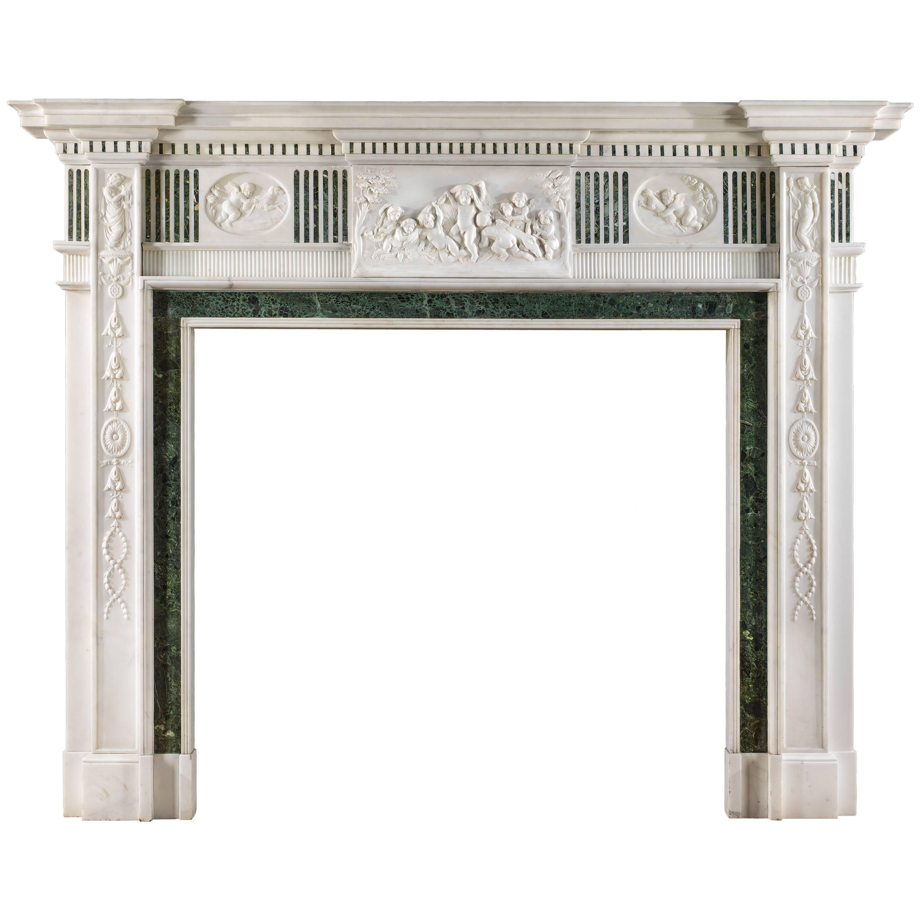  Early 20th Century Statuary and Inlaid Verde Antico Marble Fireplace Mantel