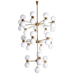 Exceptional Huge Brass and Frosted Glass Chandelier in the Style of Stilnovo