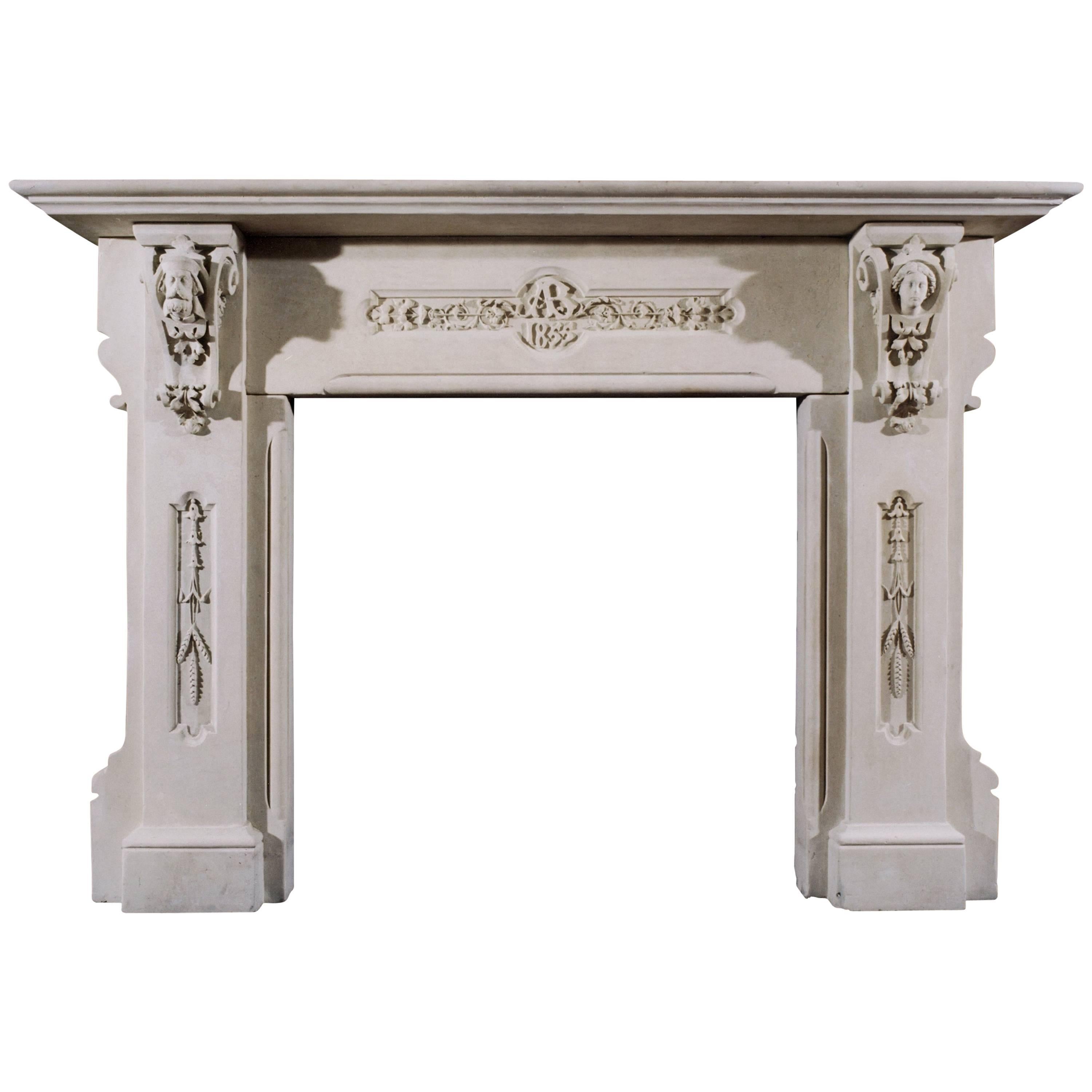 19th Century English Carved Limestone Fireplace in the Gothic Taste For Sale