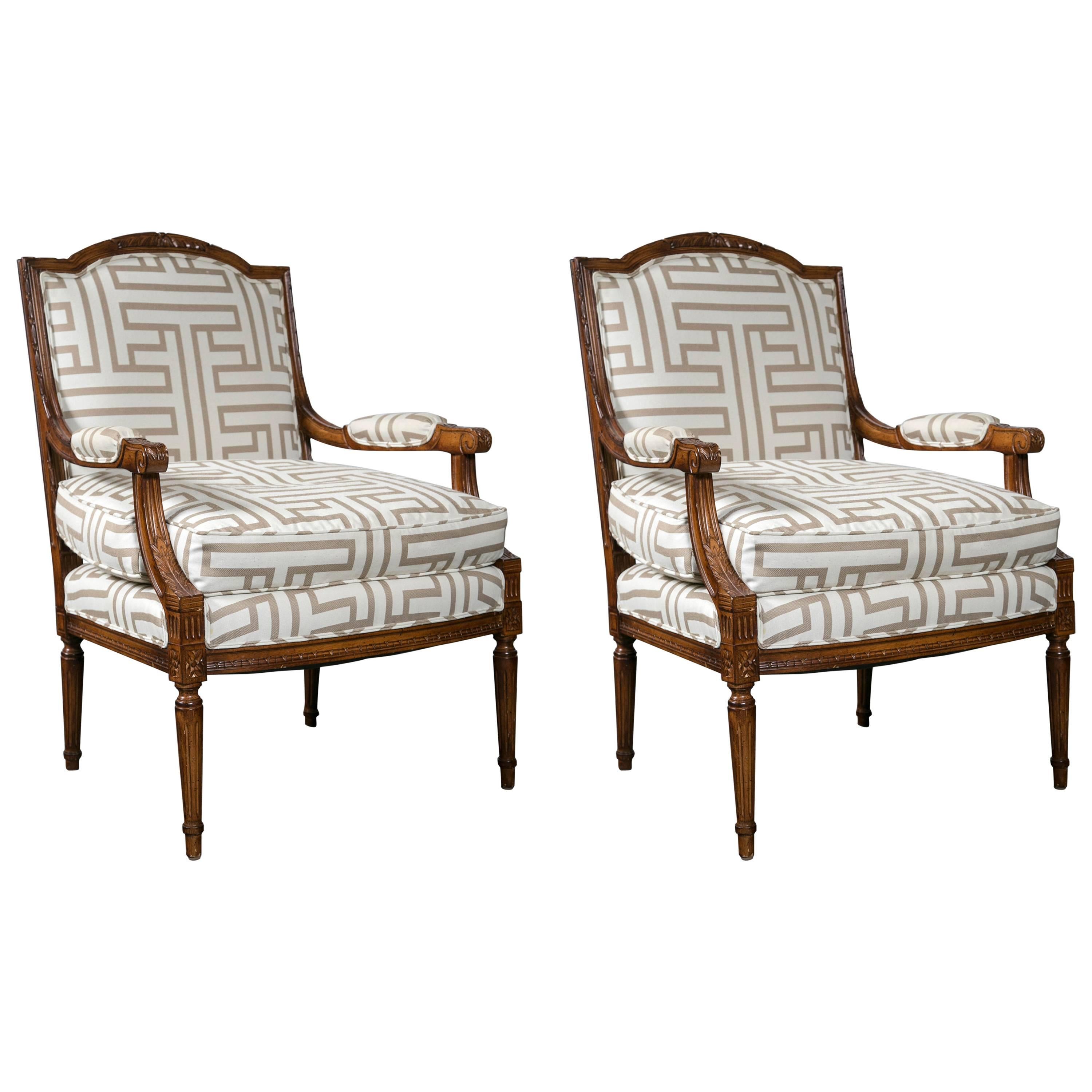 Pair of Custom Quality Geo-Metric Upholstered Louis XVI Style Armchairs