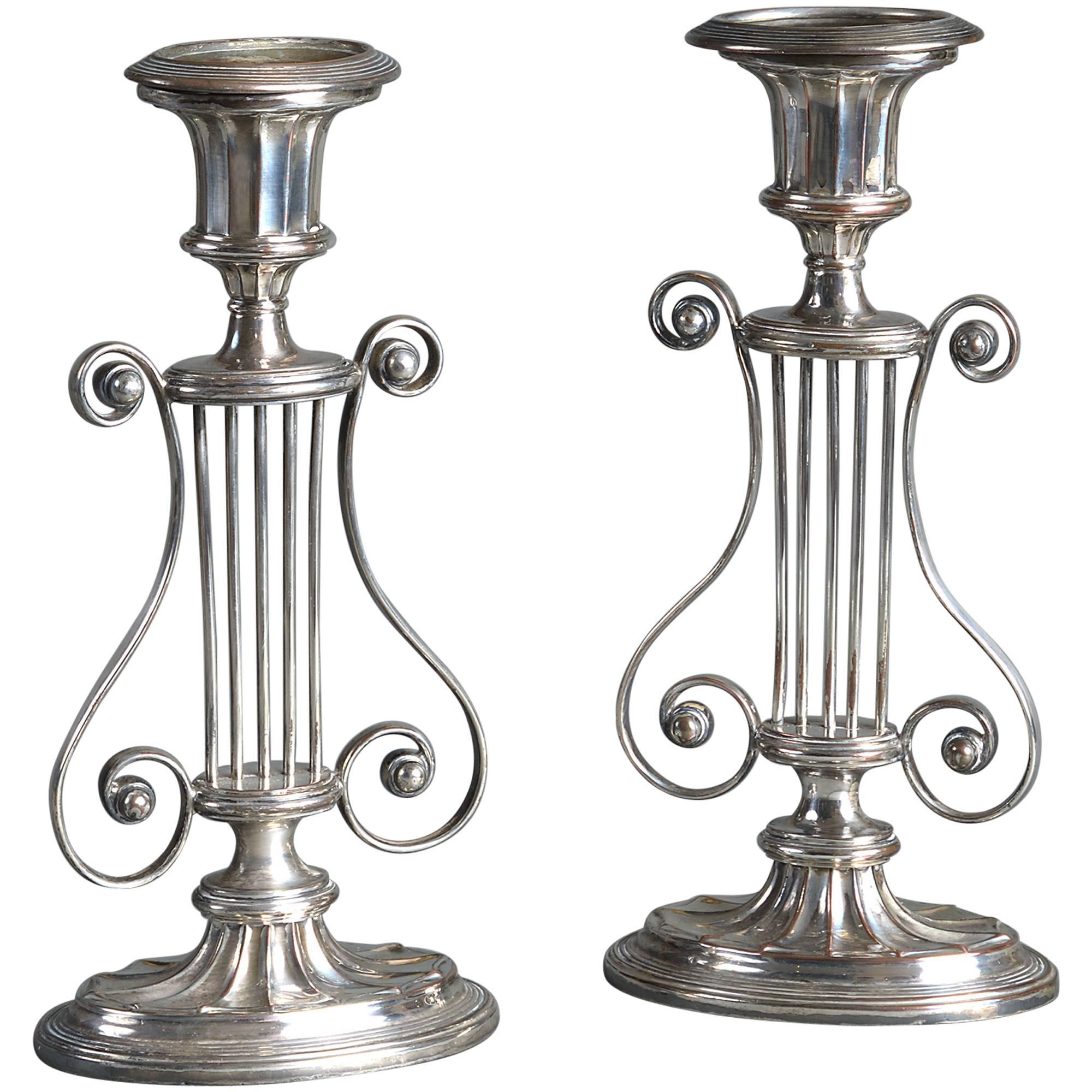 Pair of Early 19th Century Sheffield Plate Candlesticks of Iyre form 