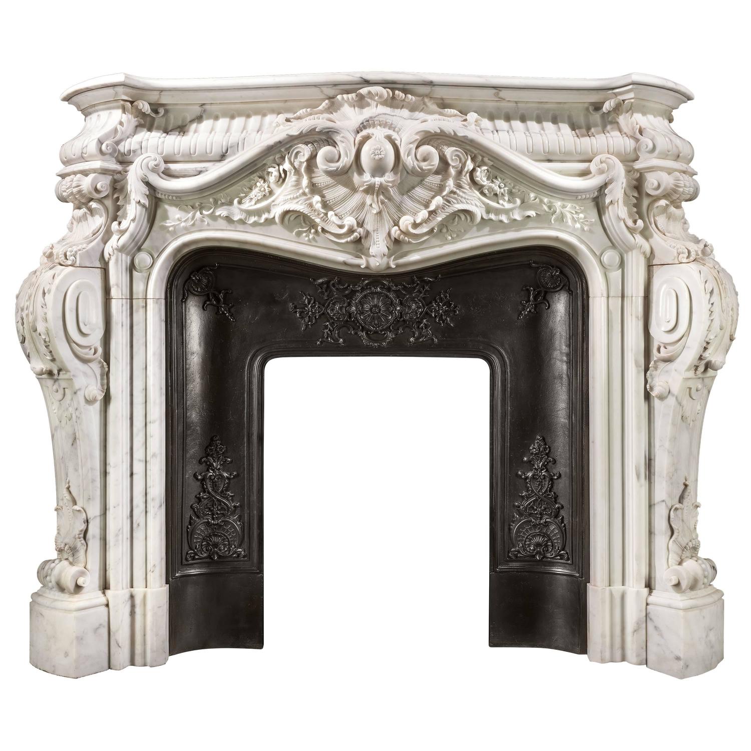 Monumental and Highly Ornate French Rococo Fireplace in Statuary Marble For Sale at 1stdibs