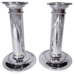 Pair of Sterling Silver Beaded Column Candlesticks by Goodnow & Jenks
