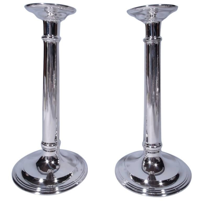 Pair of Tiffany Sterling Silver Column Candlesticks