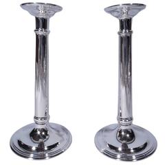 Pair of Tiffany Sterling Silver Column Candlesticks