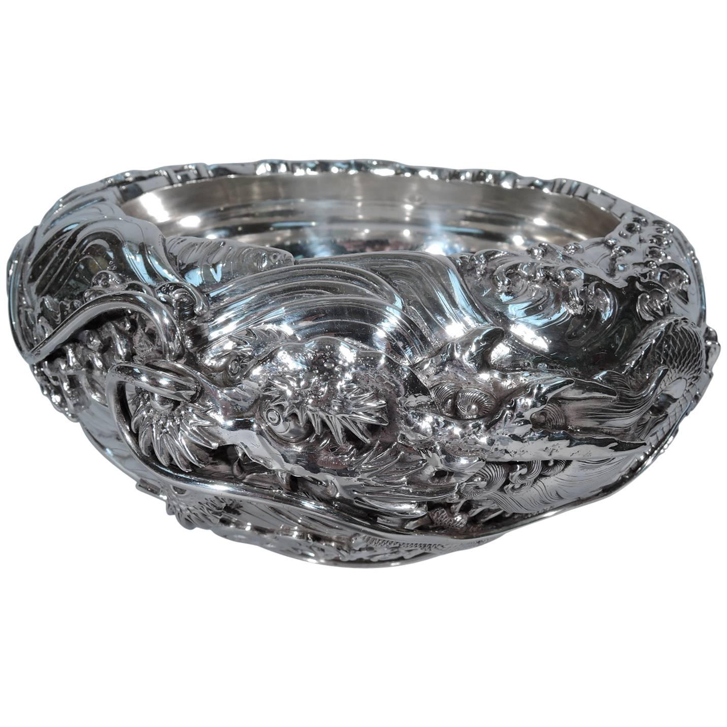 Fantastic Japanese Silver Centerpiece Bowl with Dragon