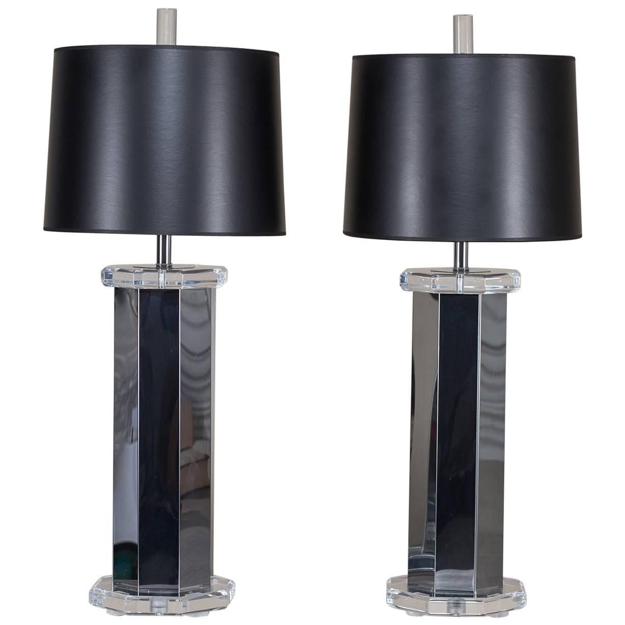 Pair of Vintage Italian Octagon Chrome Lucite Lamps, circa 1975