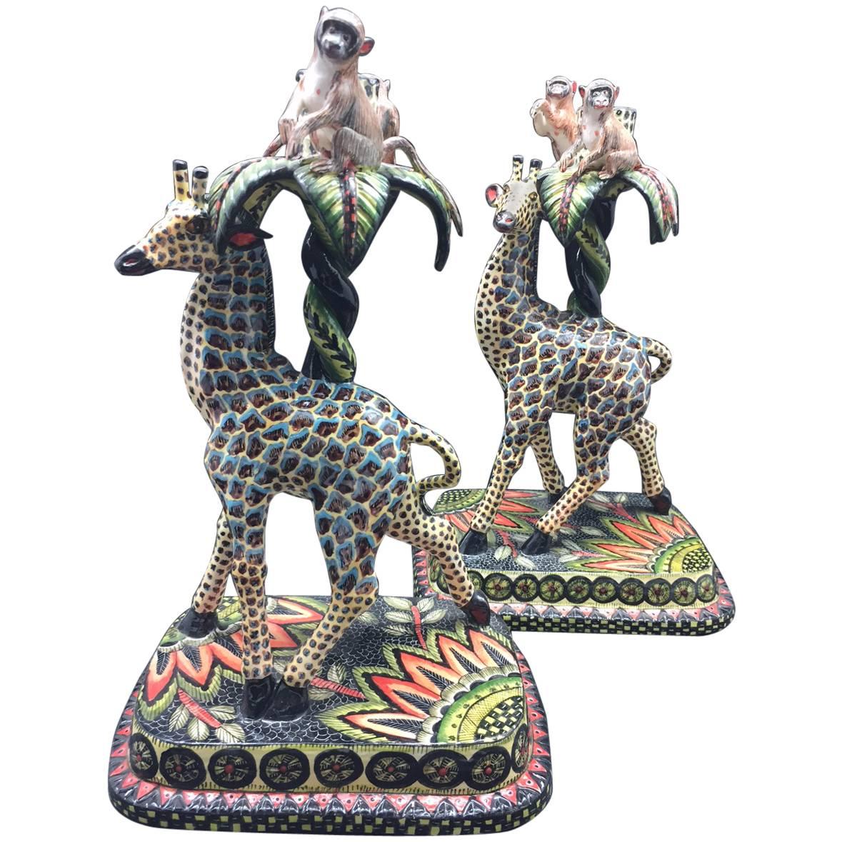 Giraffe and Monkey Candlestick Holders, a Pair, Ceramic by Ardmore from Sout