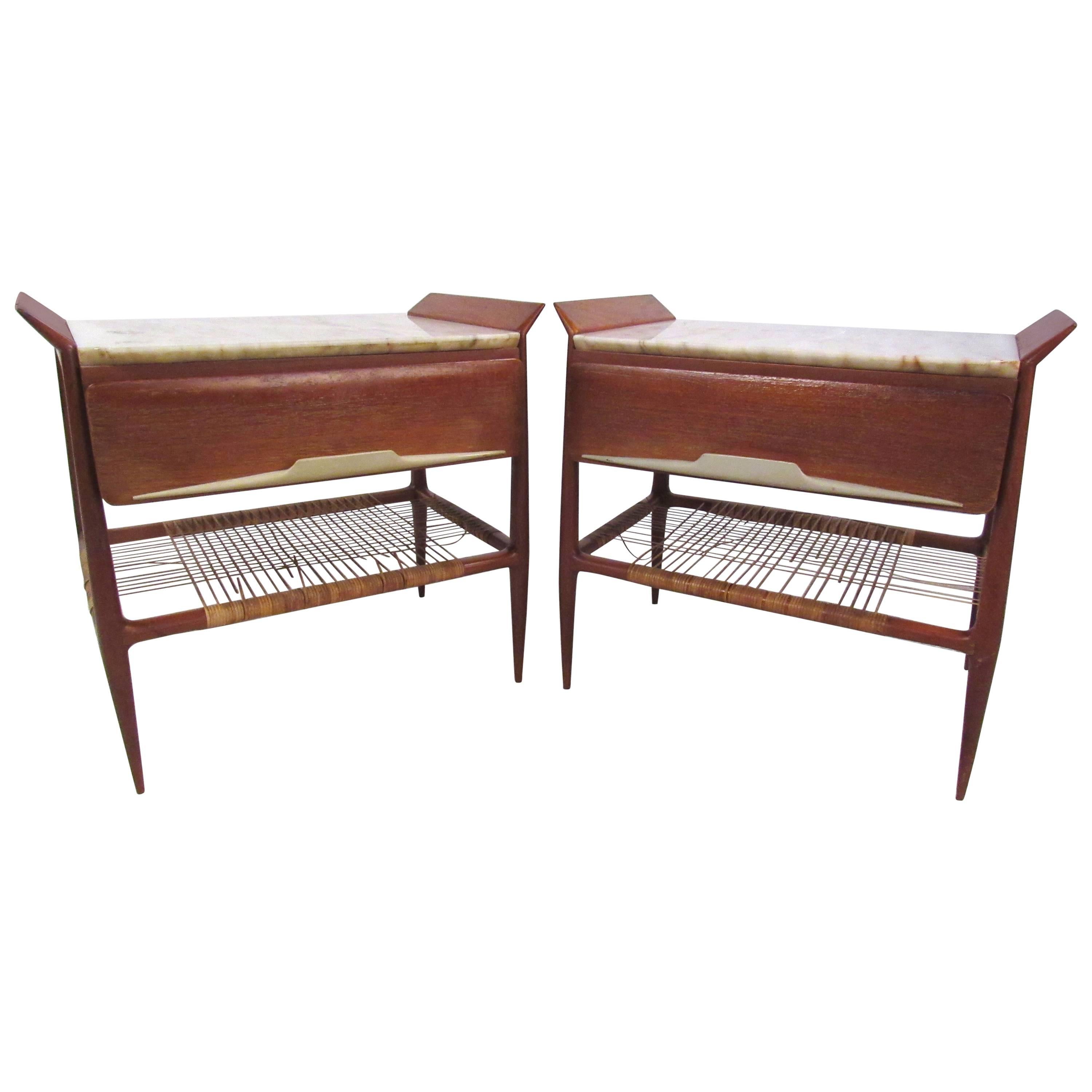 Pair of Mid-Century Modern Italian Nightstands with Marble Tops