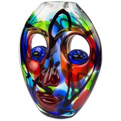  Large Murano Multi Sommerso Art Glass Two Face Vase