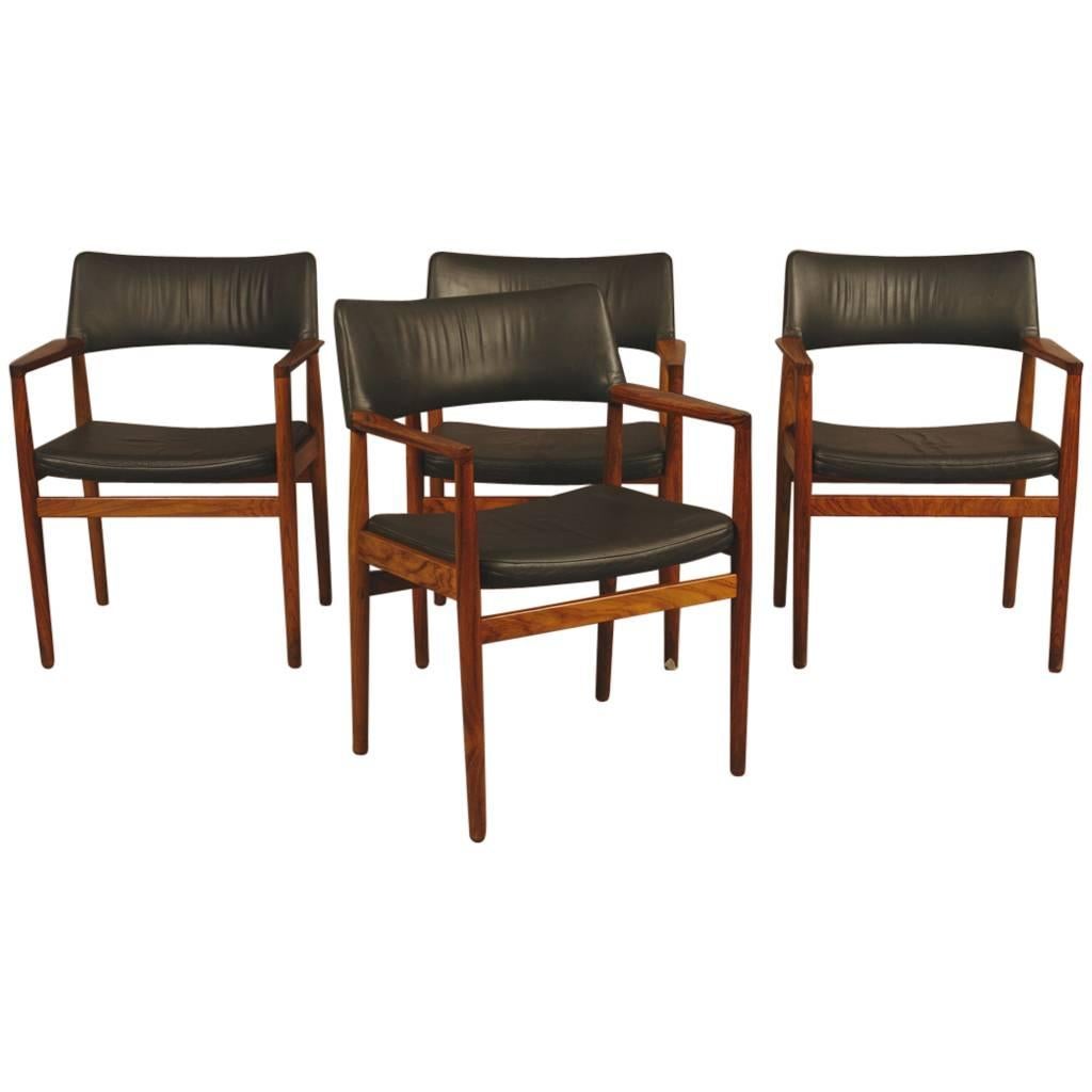 Set of Four Danish Rosewood and Leather 1960s Armchairs