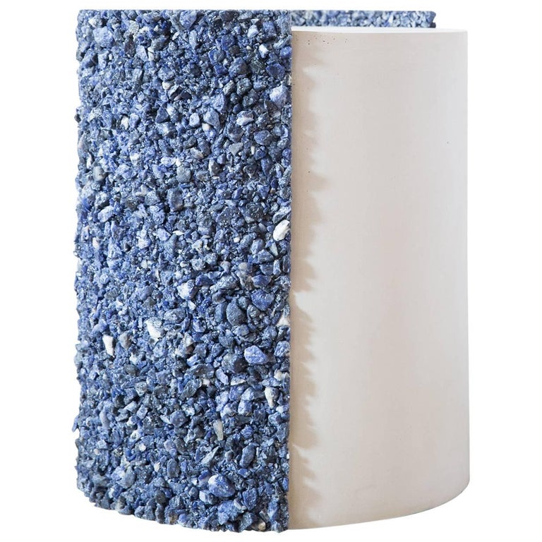 Hand Made Blue Sodalite and White Plaster Drum, Side Table by Samuel Amoia For Sale