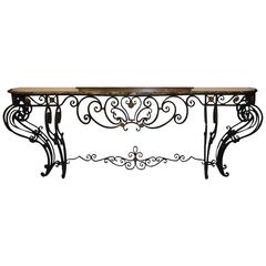 Louis XV Style Wrought Iron Console Table with Marble Top