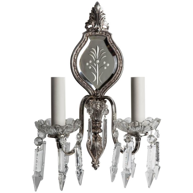 Silver Wheel-cut Mirrorback Sconces Dressed with Crystal Prisms, Circa 1930 For Sale at 1stdibs