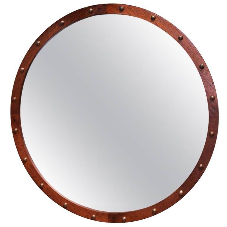 Round Brazilian Exotic Wood Mirror with Patinated Bronze Details For Sale
