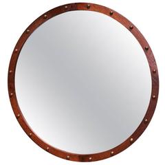 Round Brazilian Exotic Wood Mirror with Patinated Bronze Details