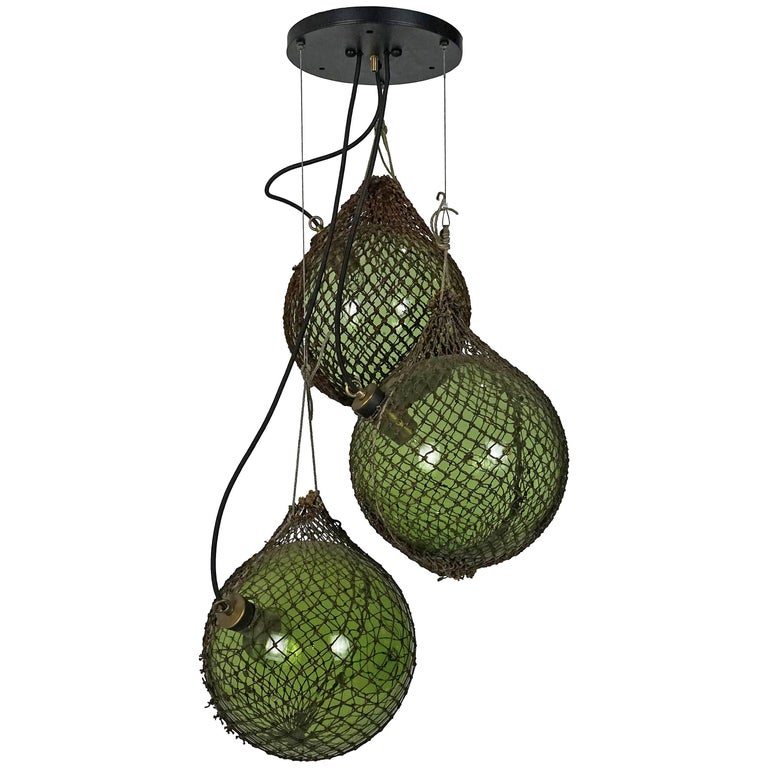 Green Glass Antique Japanese Fishing Floats 3-Light Pendant at