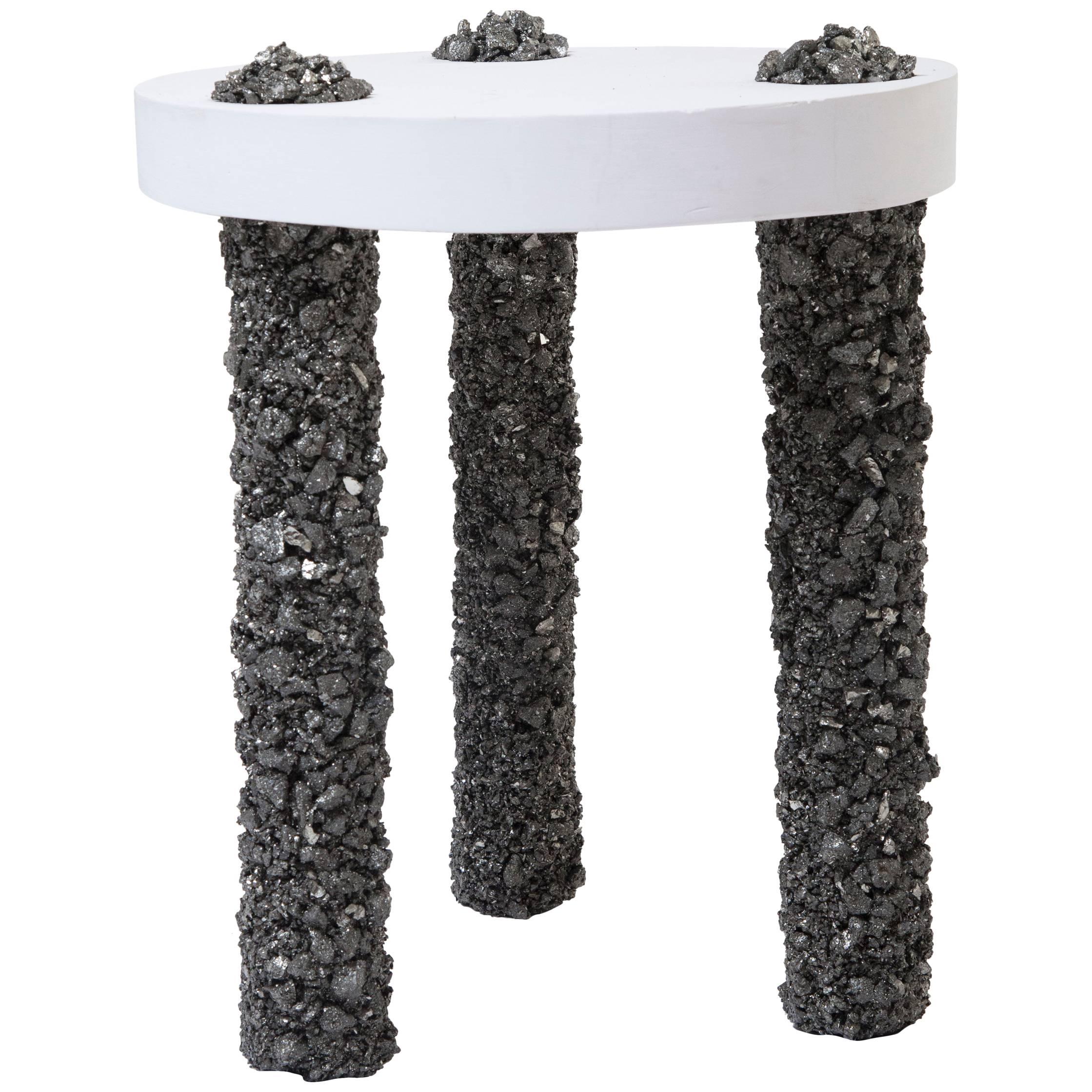 Hand Made Three-Leg Side Table of Pyrite and White Plaster, by Samuel Amoia For Sale