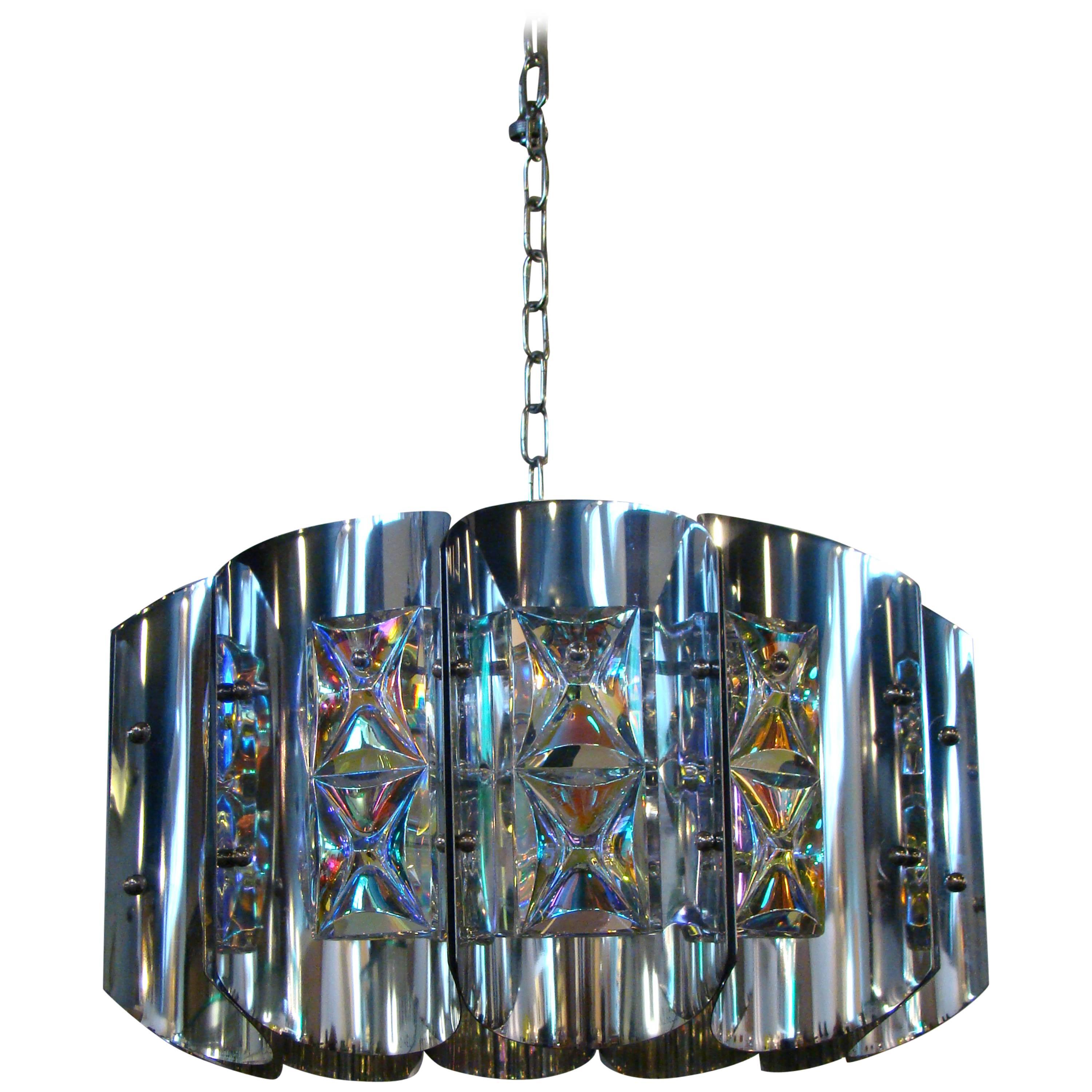 Stunning Modernist Chrome and Crystal Pendant Light after Sciolari For Sale
