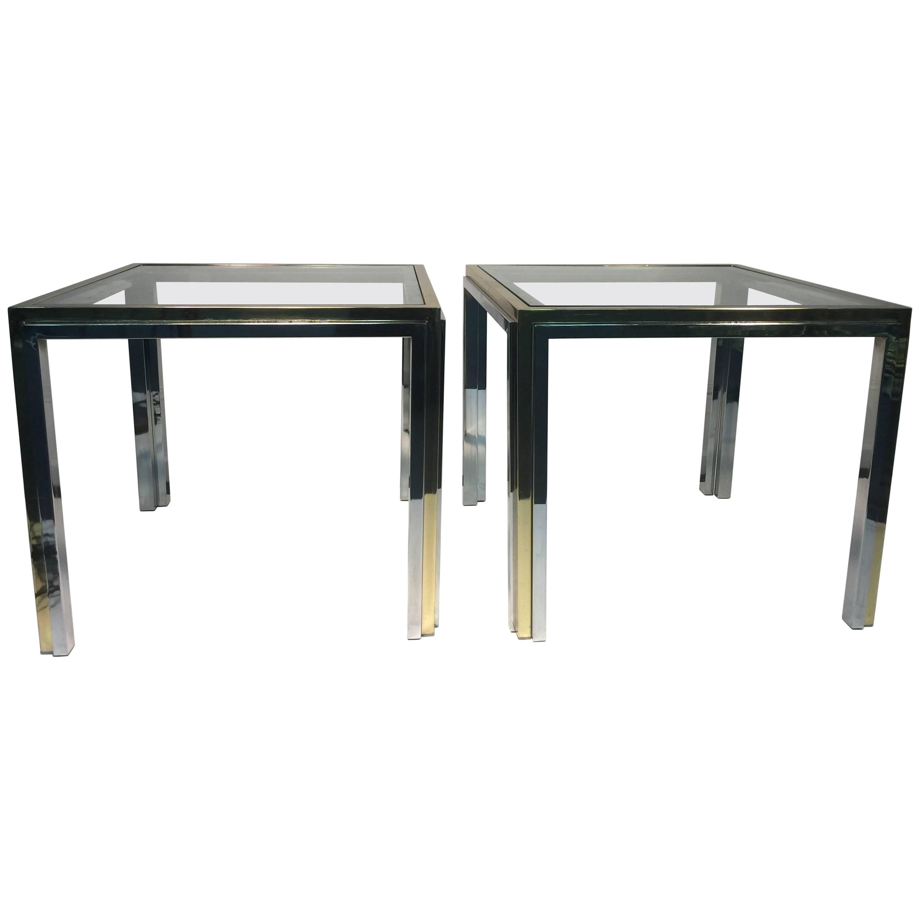 Exceptional Pair of End or Side Tables in Chromee and Brass 