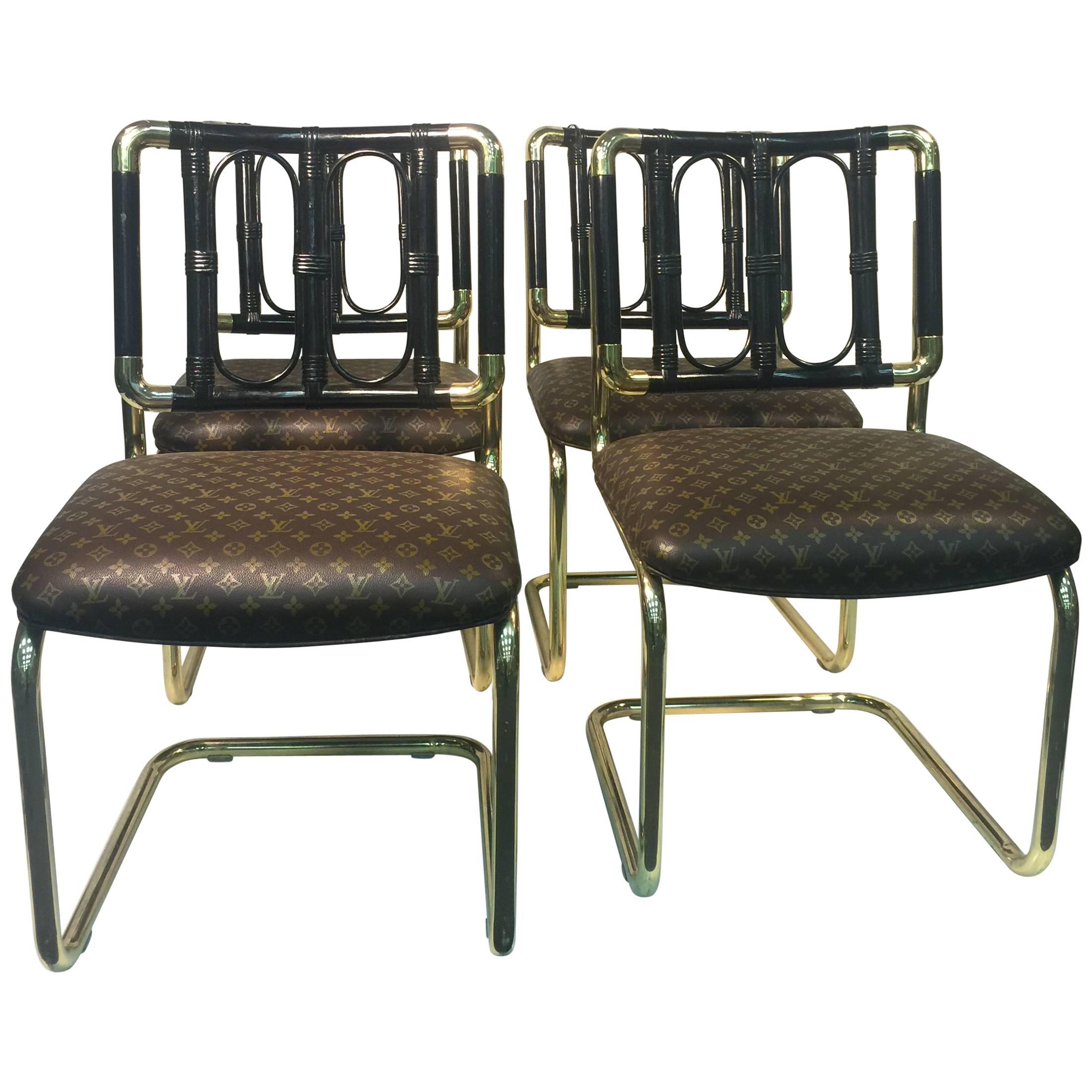 Luxurious Set of Four Brass Italian Chairs Upholstered in Louis Vuitton Leather For Sale