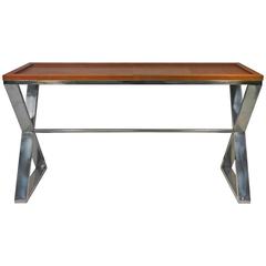 Modernistic Console Table in Chrome and Leather in the Manner of Milo Baughman