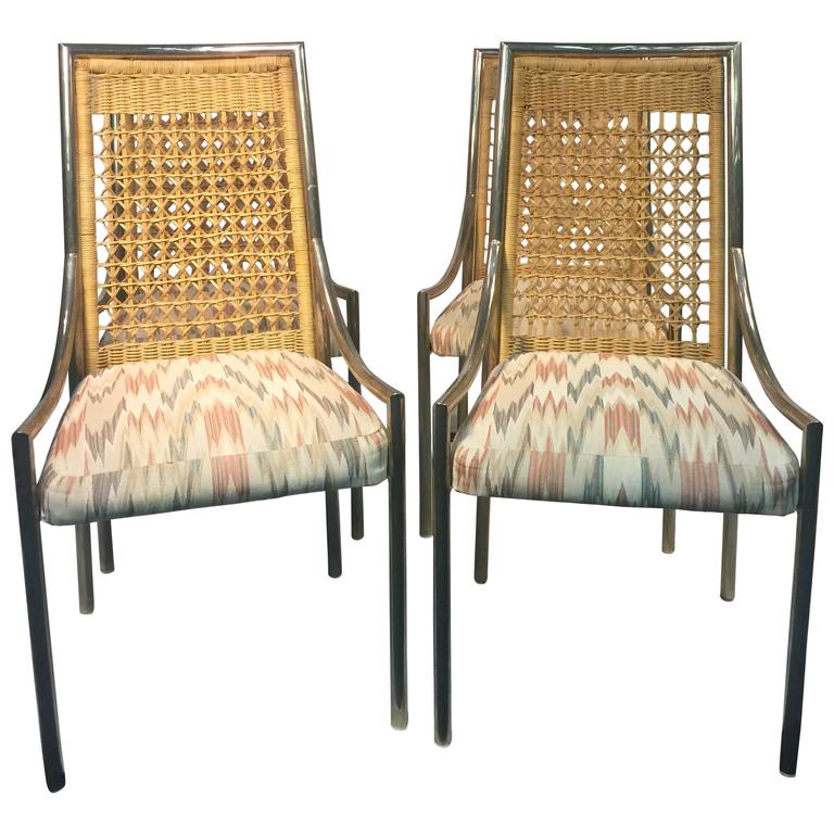 Elegant Set of Four Rattan High Back Chairs in the Manner of