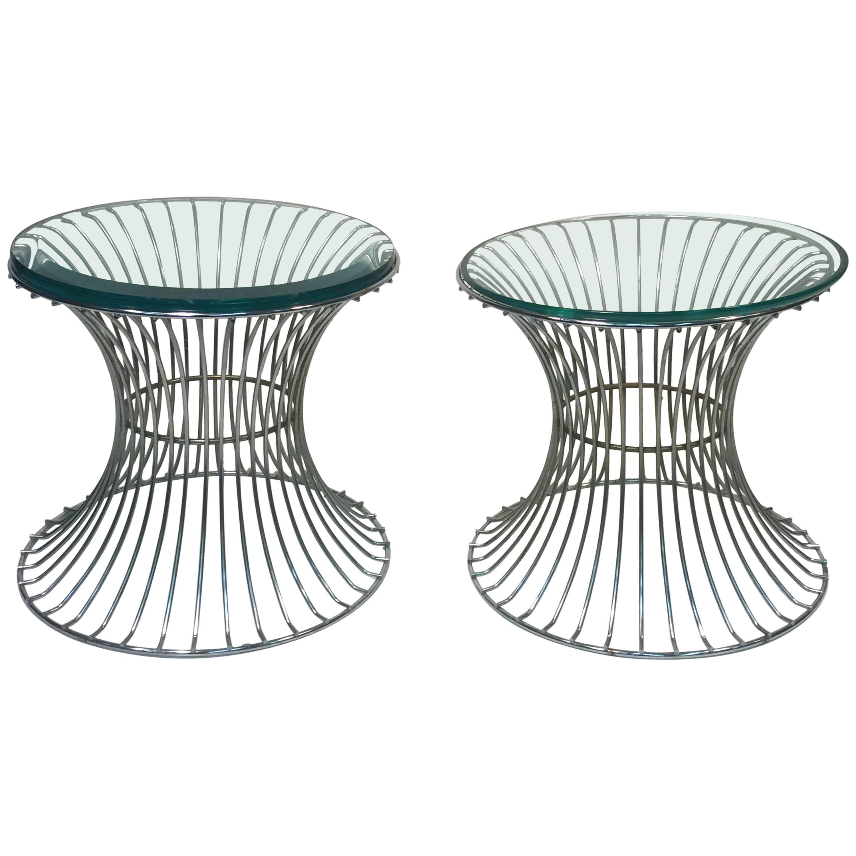 Wonderful Pair of Tables with Trumpeting Wire Bases by Warren Platner for Knoll For Sale