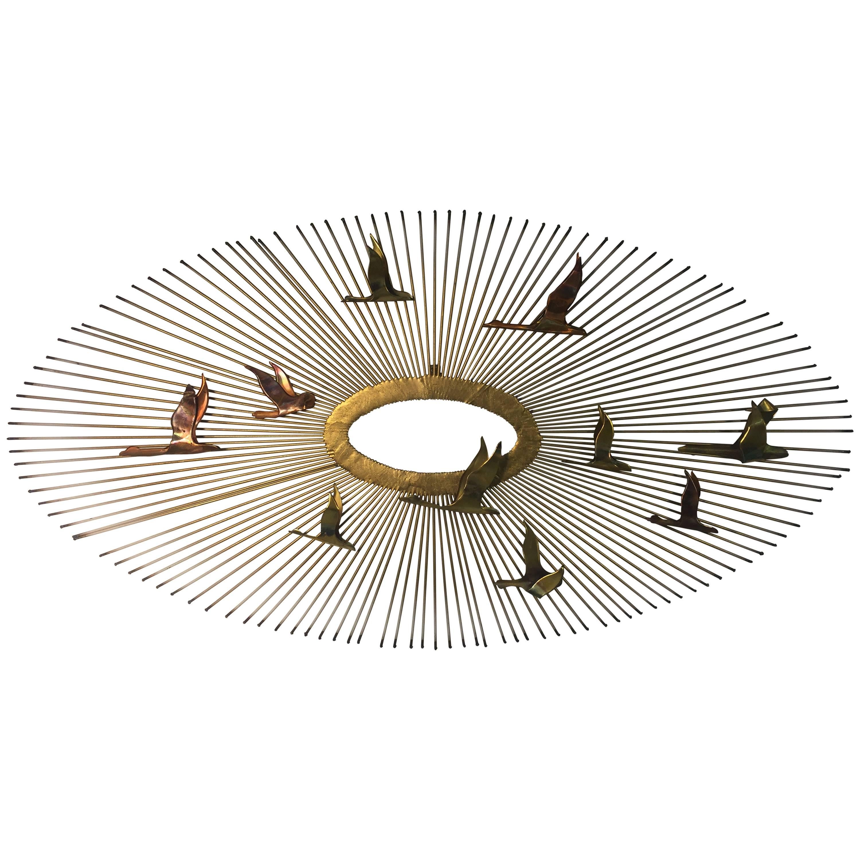 Beautiful Curtis Jere Mixed-Metal Starburst Wall-Mounted Sculpture with Birds For Sale