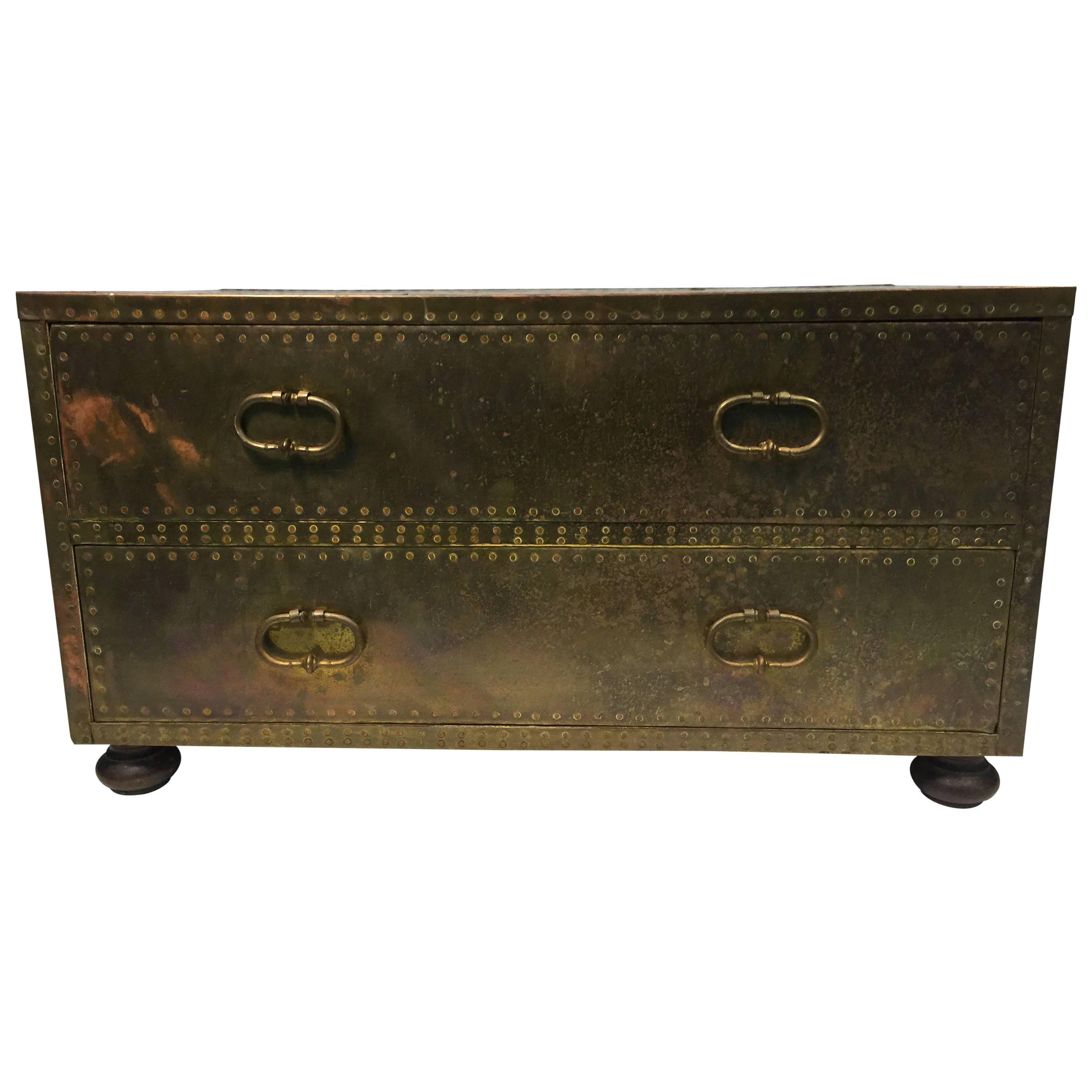 Stunning Sarreid Brass Studded Chest of Drawers or Trunk For Sale