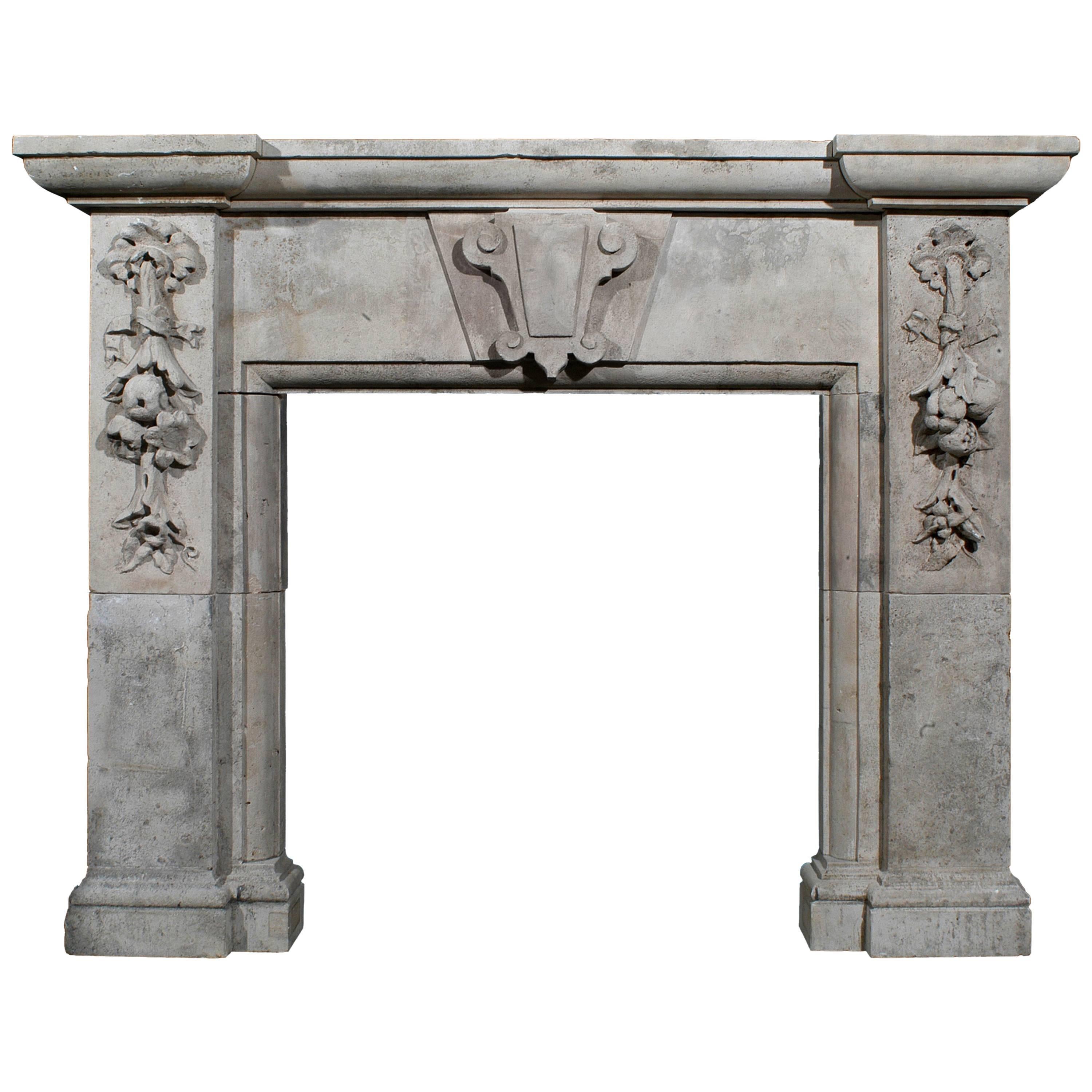 Large 19th Century Italian Limestone Fireplace