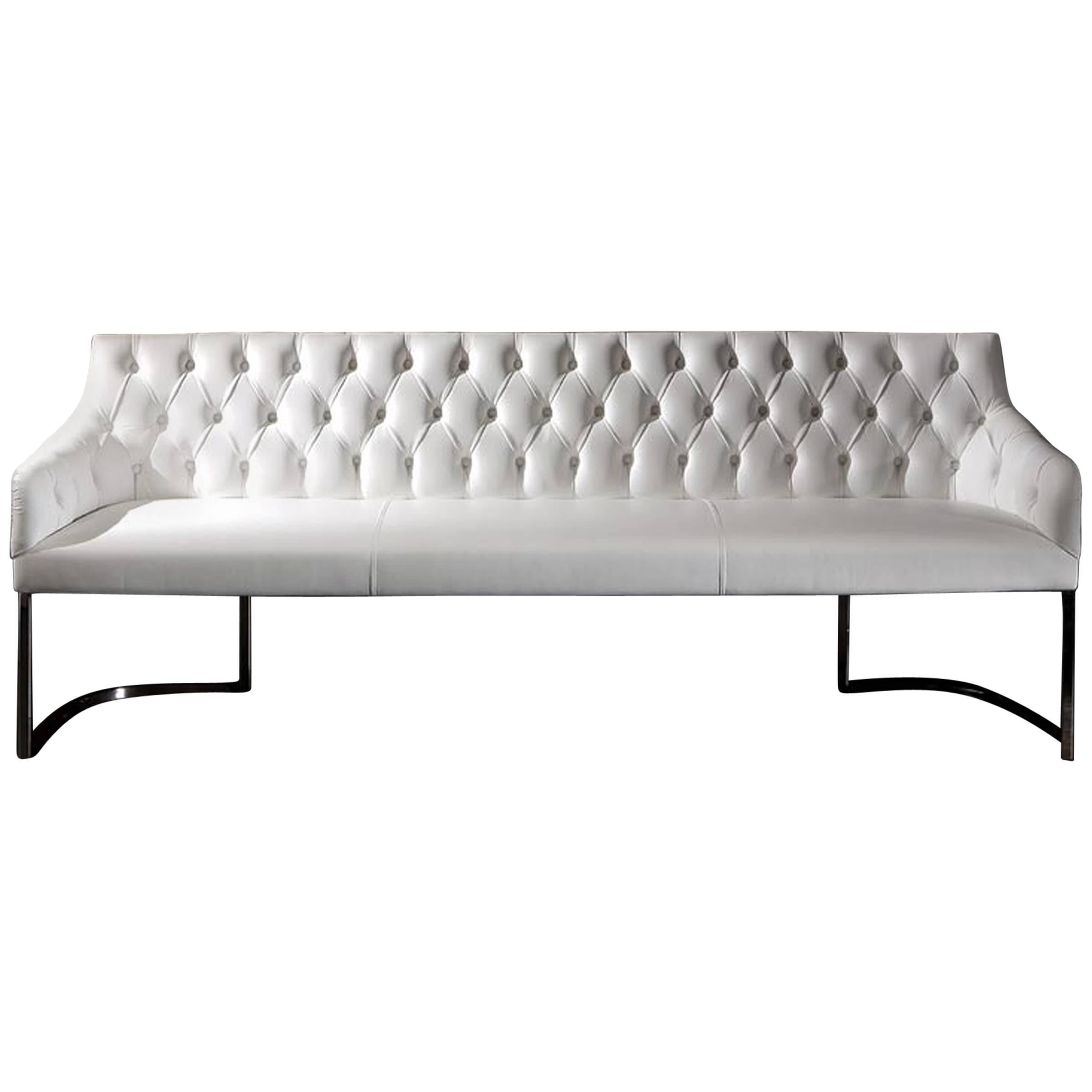 Catana Bench with White Genuine Leather and Polished Stainless Steel Base For Sale
