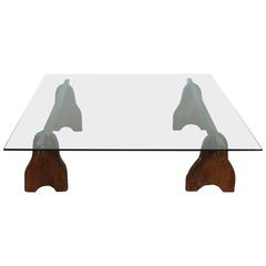 Rustic Low Cocktail Table with Wood Base and Glass Top