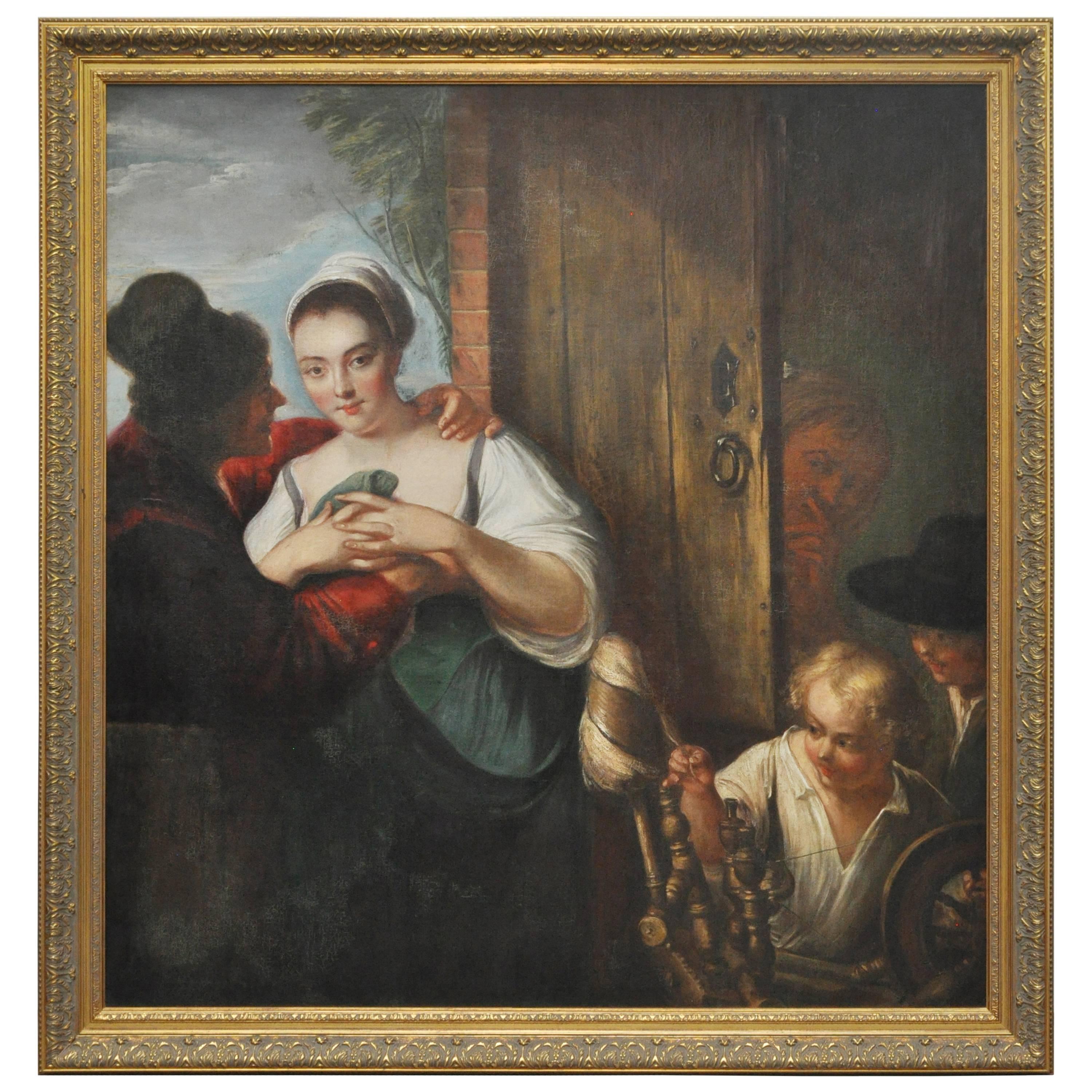 Peasant Girl at a Window Flemish 17th Century Oil Painting For Sale