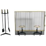 Modernist Brass and Iron Andirons Fire Tools and Screen by Donald Deskey