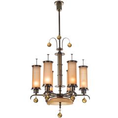 Swedish Grace Period 6 Light Glass and Patinated Brass Chandelier