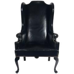 Perfectly Patinated Black Leather Wing Chair