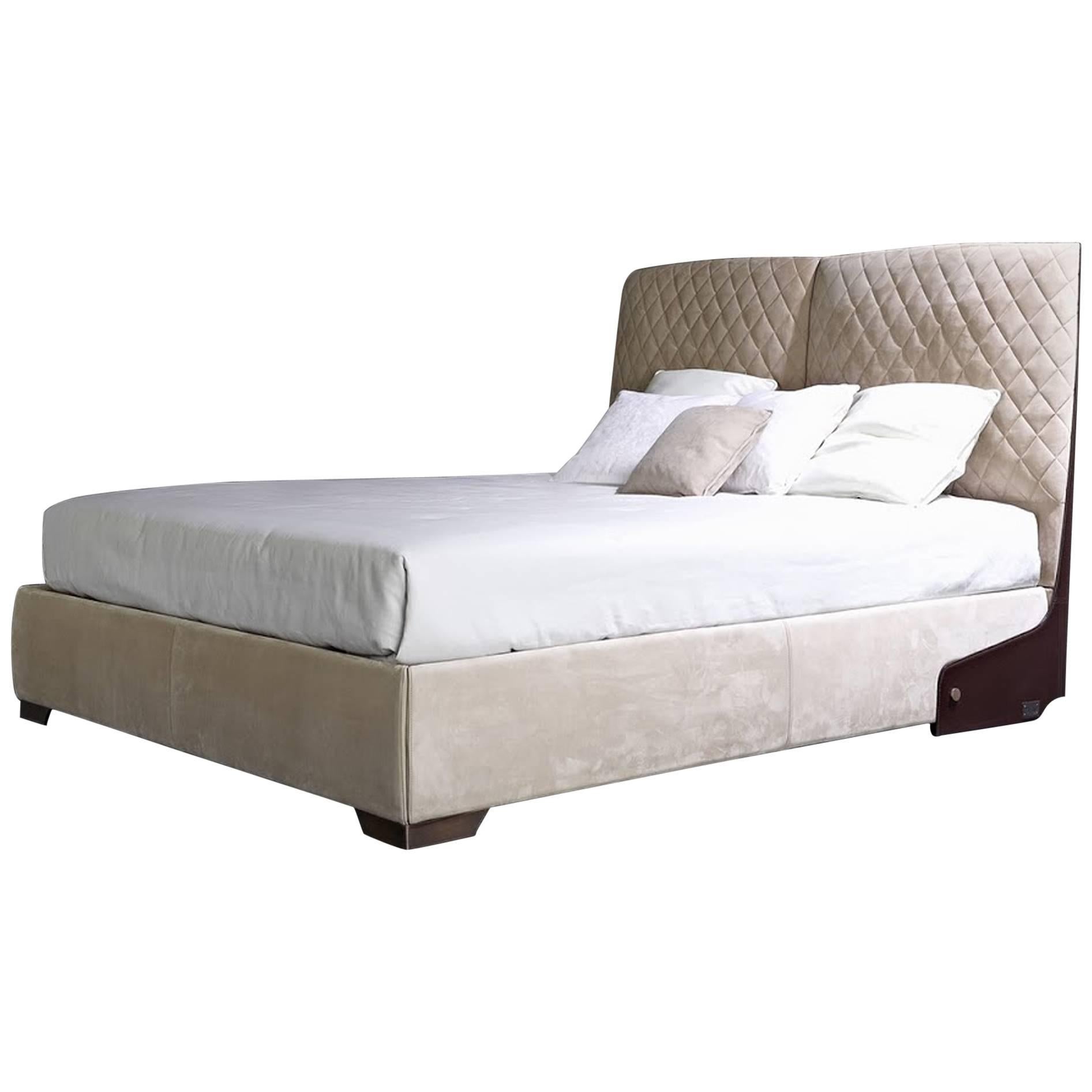 Premium Bed with Smooth Leather and Matlassé Upholstery Headboard