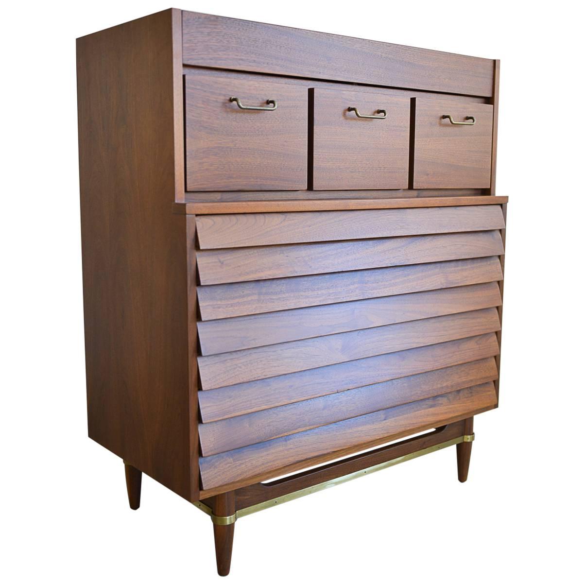 Walnut and Brass Highboy Dresser by Merton Gershun