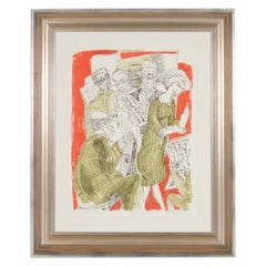 Painting, Midcentury, Red, Green and White, Modern Art, "Commuting", C 1960