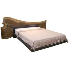 Live Edge American Black Walnut Bed Frame with Leather Headboard, Queen Sized