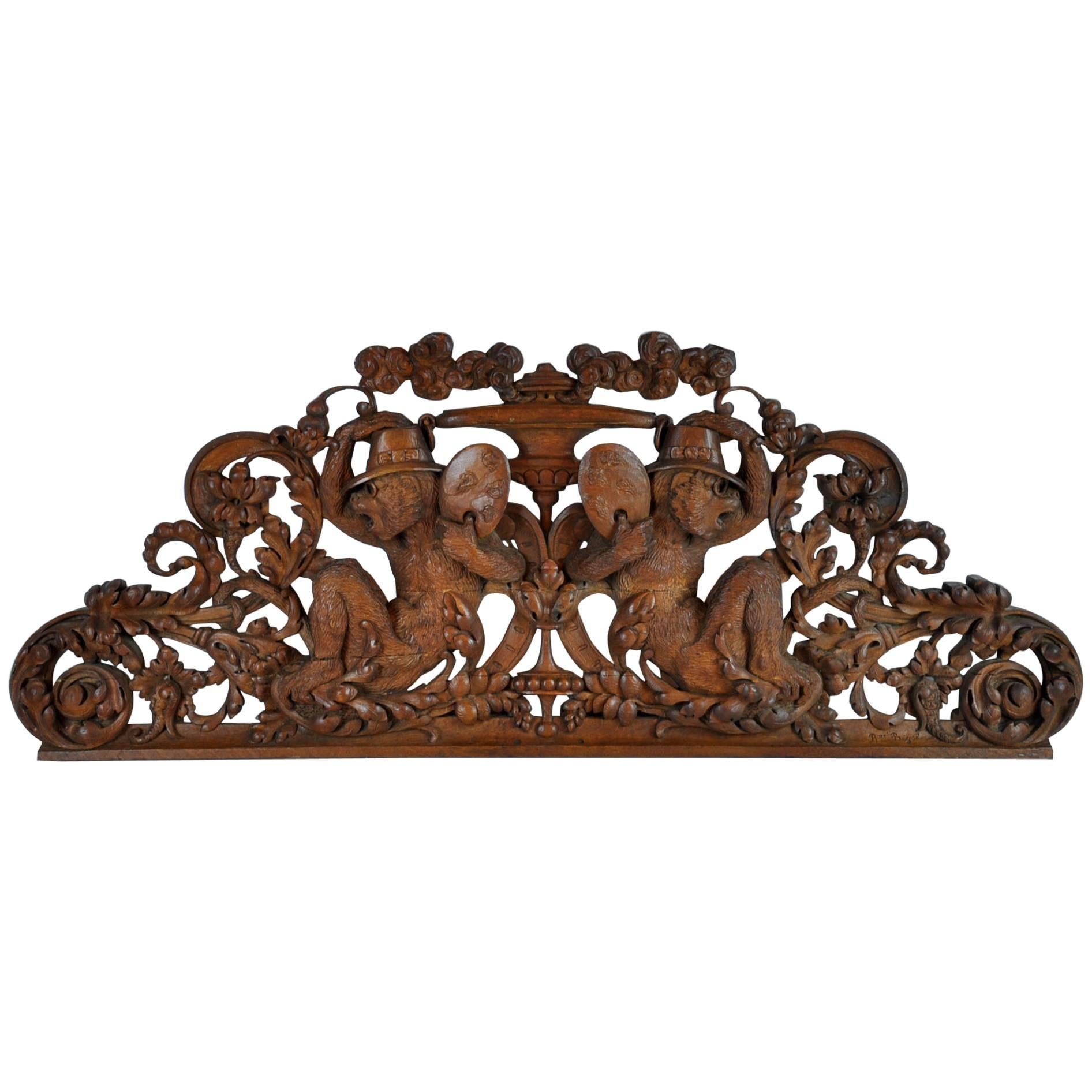 Late 19th Century Swiss Carved Wood Black Forest over Door Carving with Monkeys