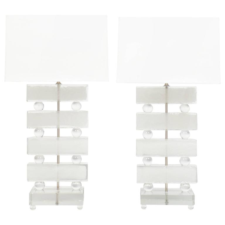 Pair of Frosted Murano Glass Block Table Lamps For Sale at 1stdibs