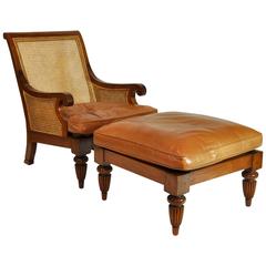 British Colonial Imports Caned Leather Plantation Style Lounge Chair and Ottoman