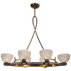 Murano Rope Twist Glass, Patinated and Polished Brass 6 Light Chandelier