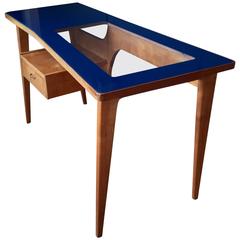 1950s Italian Desk with deep blue glass top