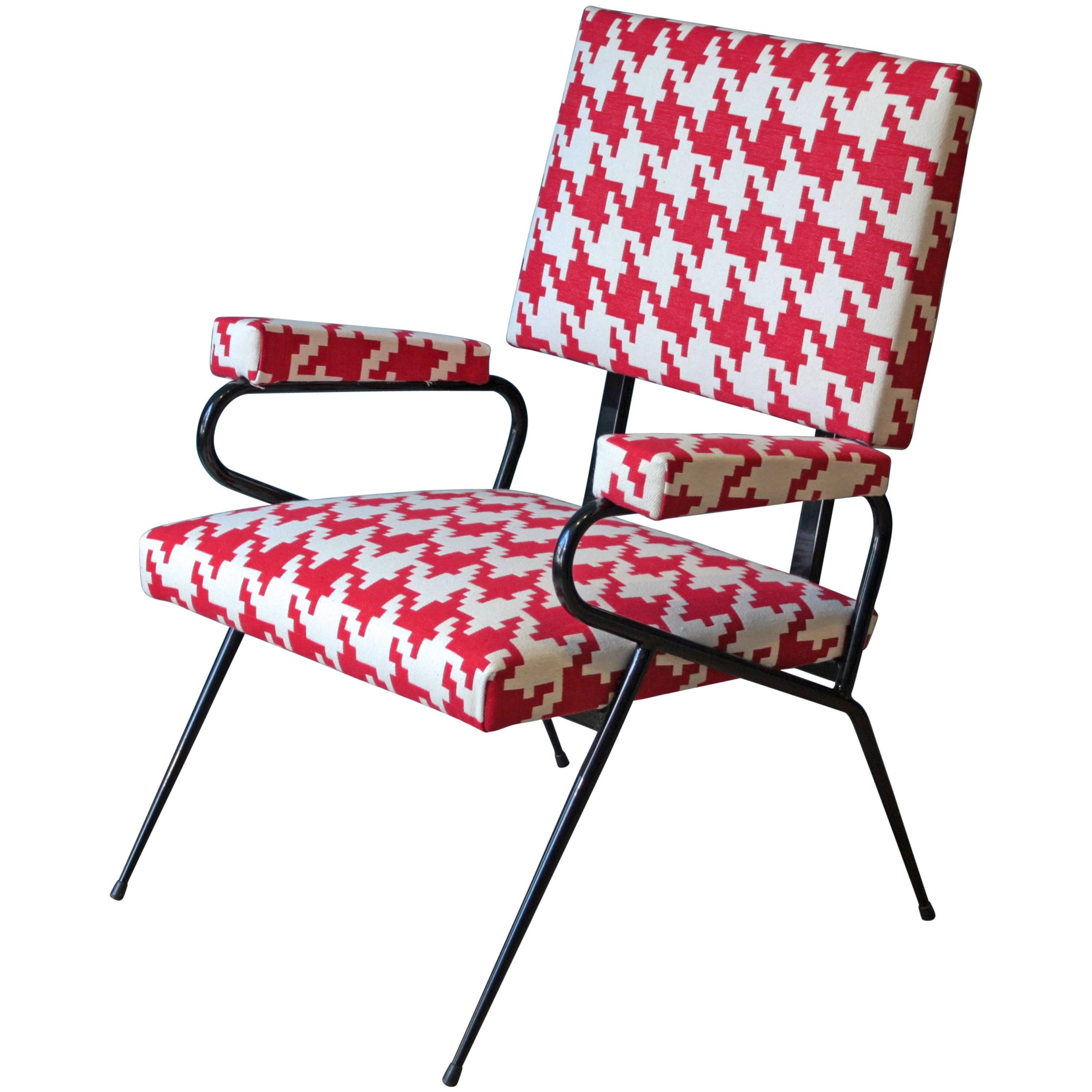 Italian Houndstooth Fabric Lounge Chair, 1950s